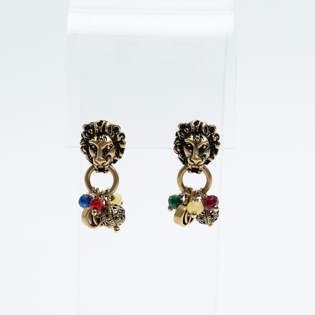 Gucci Gold Tone Lion Head Charm & Bead Drop Earrings