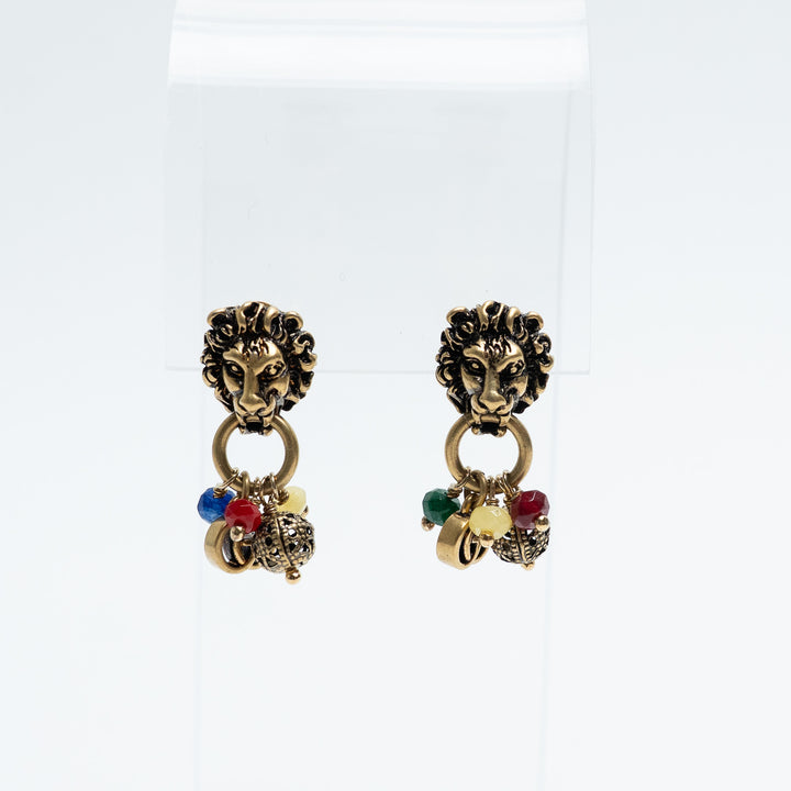 Gucci Gold Tone Lion Head Charm & Bead Drop Earrings
