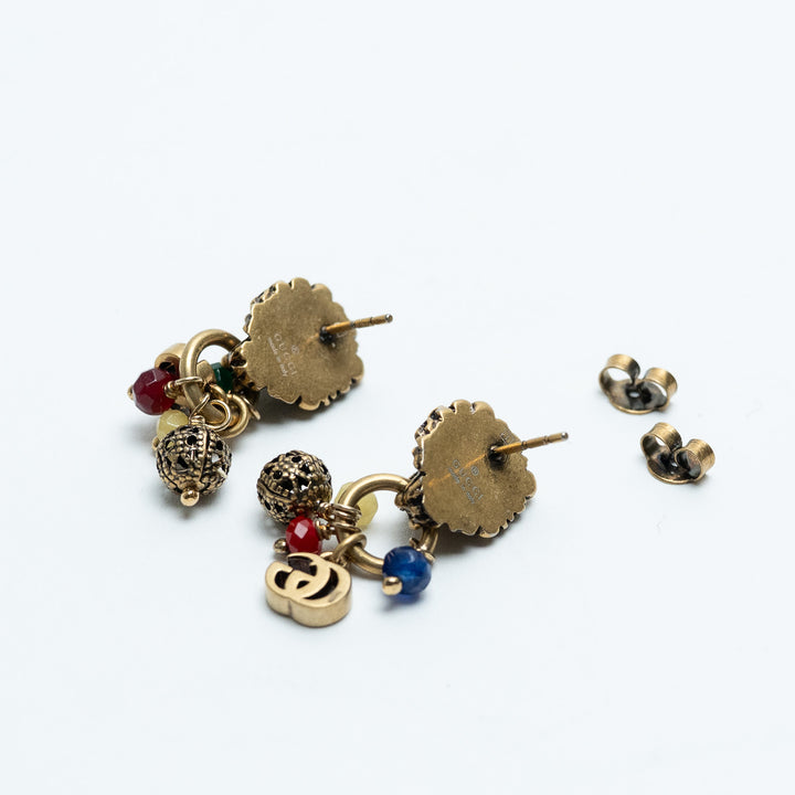Gucci Gold Tone Lion Head Charm & Bead Drop Earrings