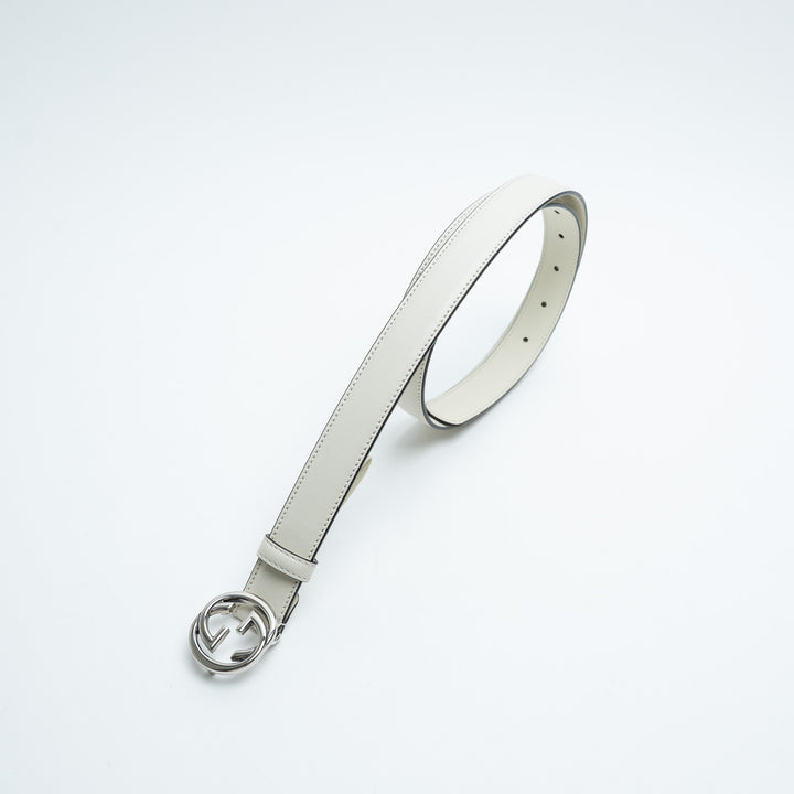 Gucci White Leather Belt with Silver Interlocking GG Logo Buckle Size 85