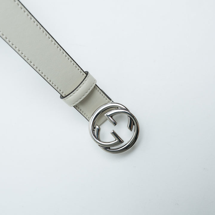 Gucci White Leather Belt with Silver Interlocking GG Logo Buckle Size 85