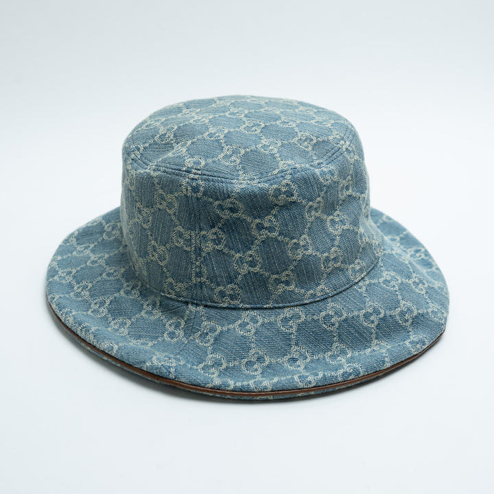 Gucci Blue Denim Monogram Bucket Hat with Horsebit Detail