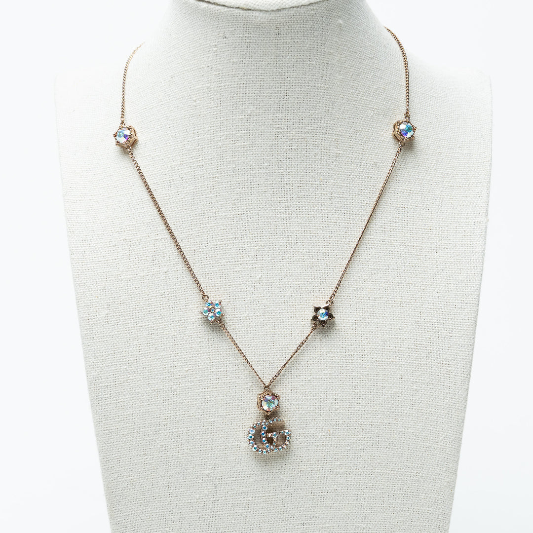 Gucci Double G Blue Crystal Embellished Station Necklace
