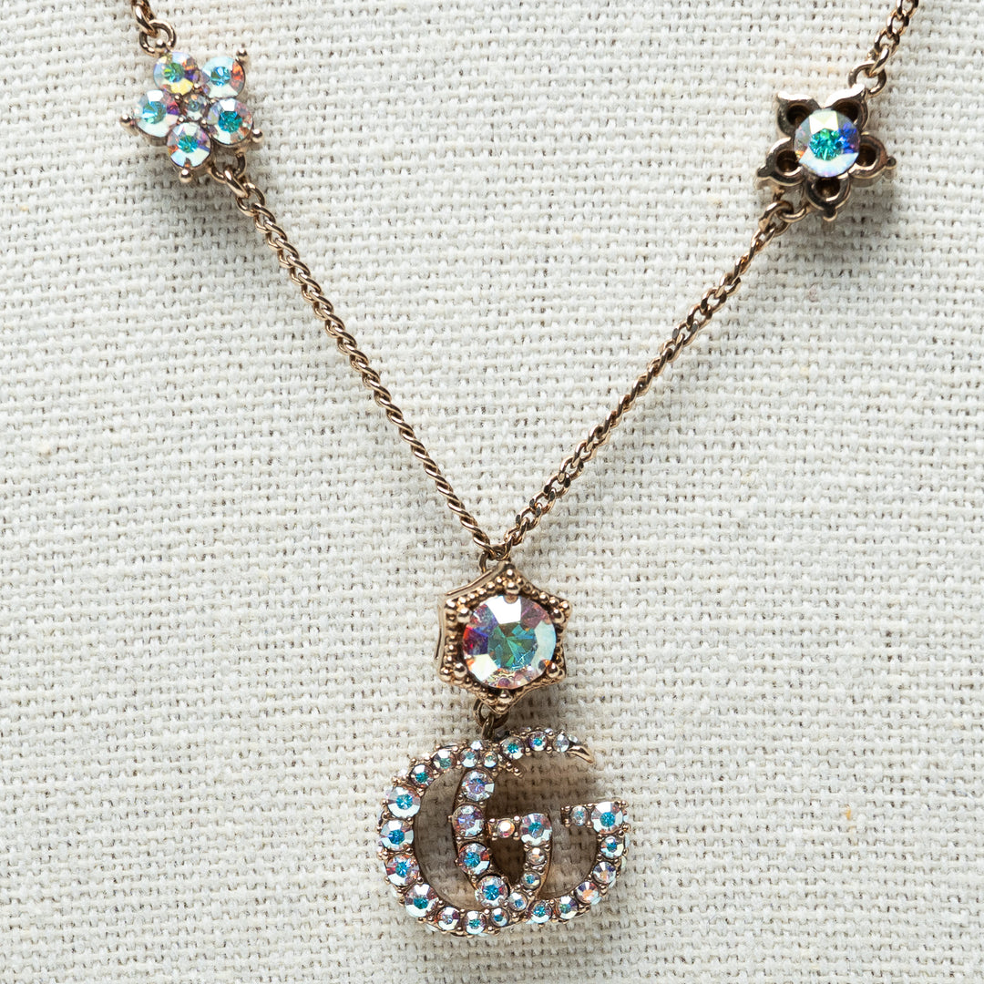 Gucci Double G Blue Crystal Embellished Station Necklace