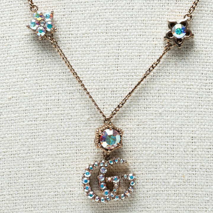 Gucci Double G Blue Crystal Embellished Station Necklace