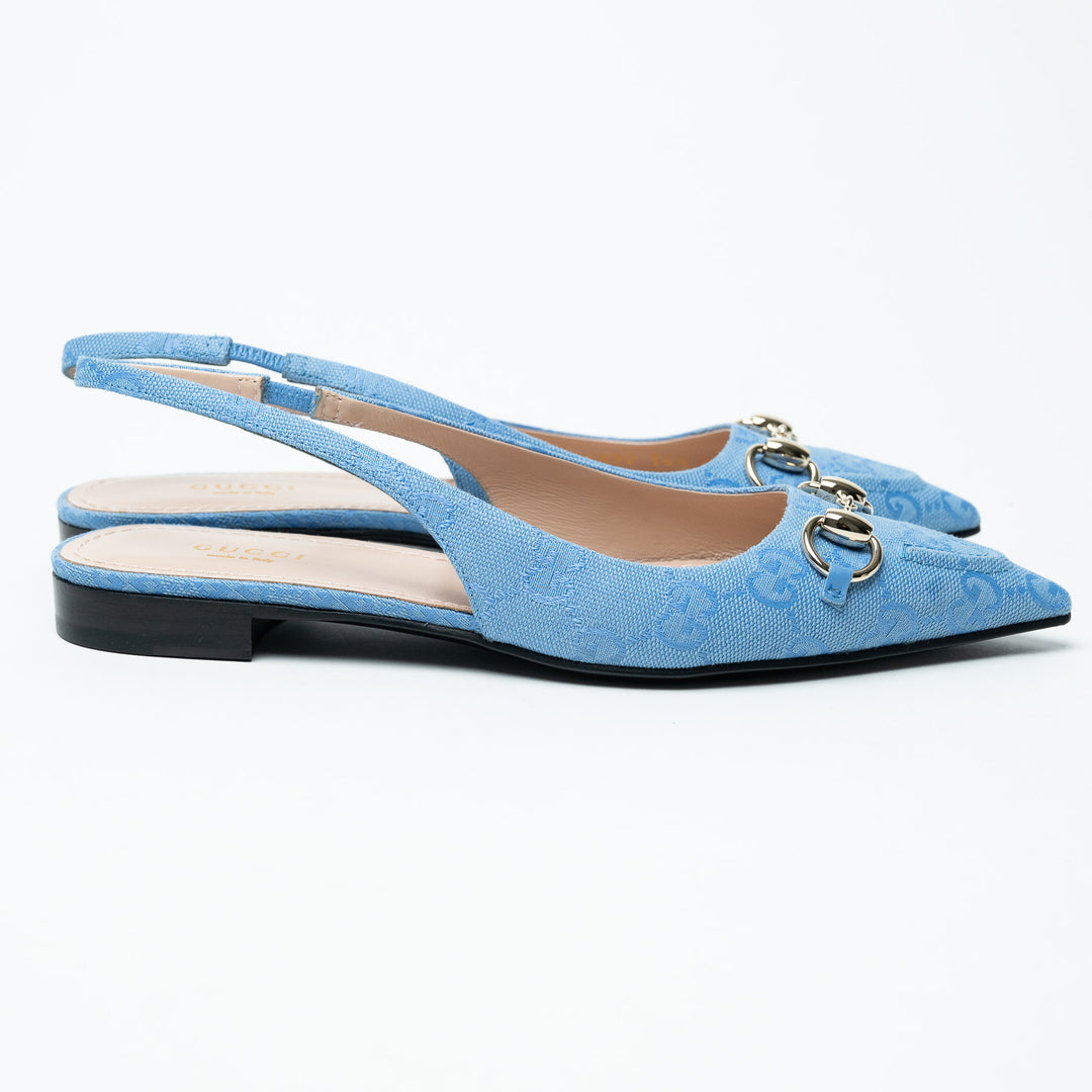 Gucci Blue GG Canvas Horsebit Slingback Flats Size 36.5