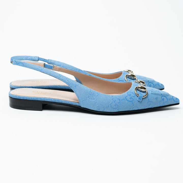 Gucci Blue GG Canvas Horsebit Slingback Flats Size 36.5