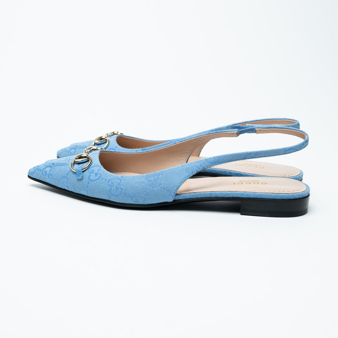 Gucci Blue GG Canvas Horsebit Slingback Flats Size 36.5