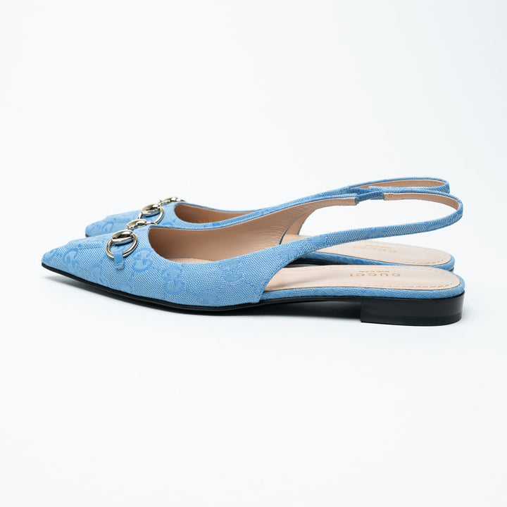 Gucci Blue GG Canvas Horsebit Slingback Flats Size 36.5