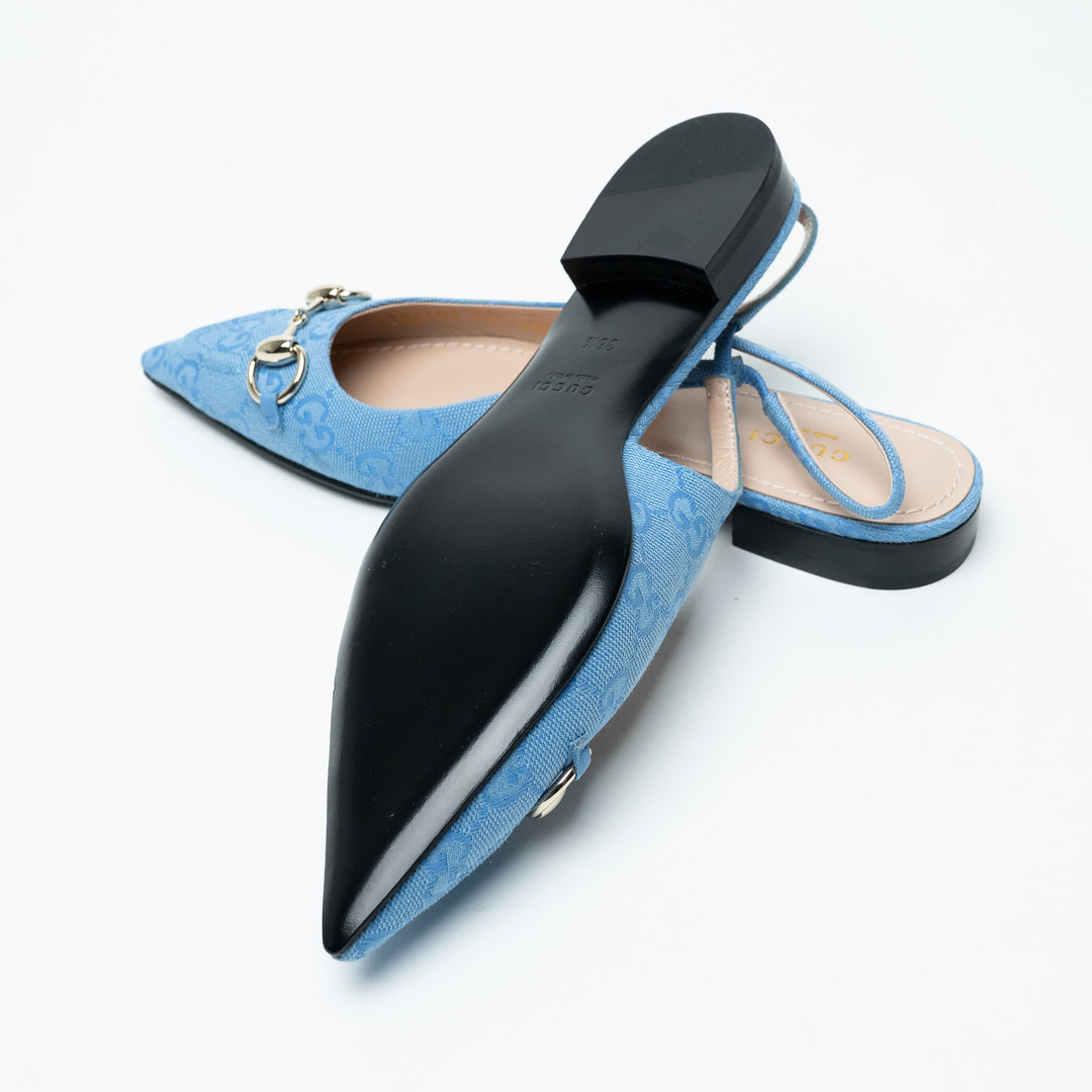 Gucci Blue GG Canvas Horsebit Slingback Flats Size 36.5