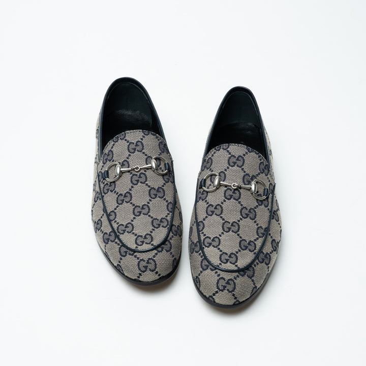 Gucci Navy and Beige GG Supreme Canvas Monogram Horsebit Loafers Size 37