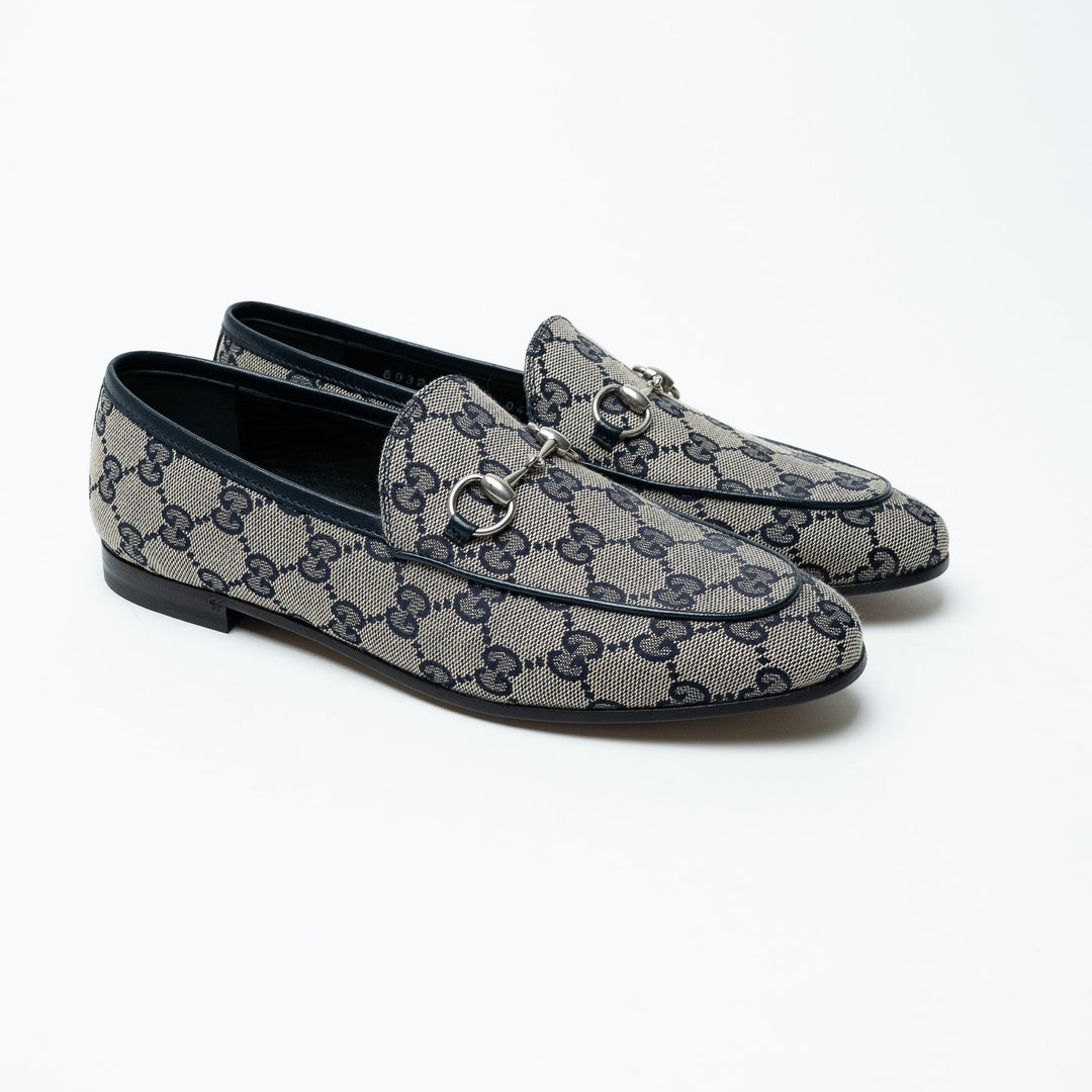 Gucci Navy and Beige GG Supreme Canvas Monogram Horsebit Loafers Size 37