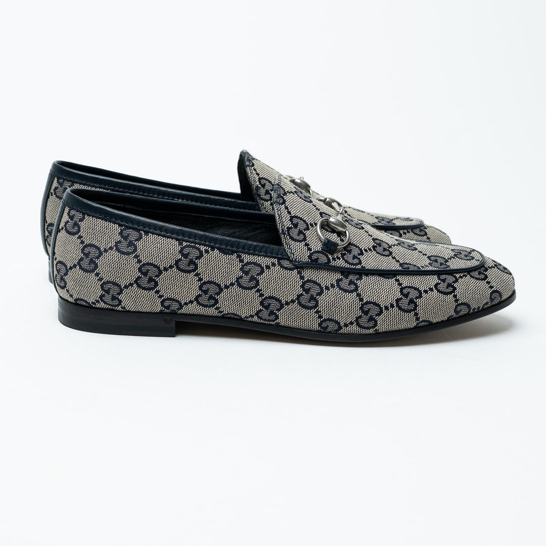 Gucci Navy and Beige GG Supreme Canvas Monogram Horsebit Loafers Size 37