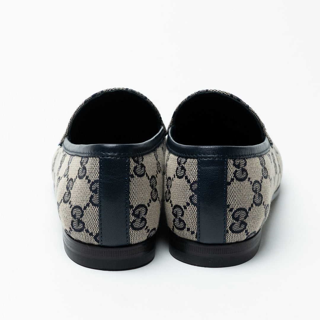 Gucci Navy and Beige GG Supreme Canvas Monogram Horsebit Loafers Size 37
