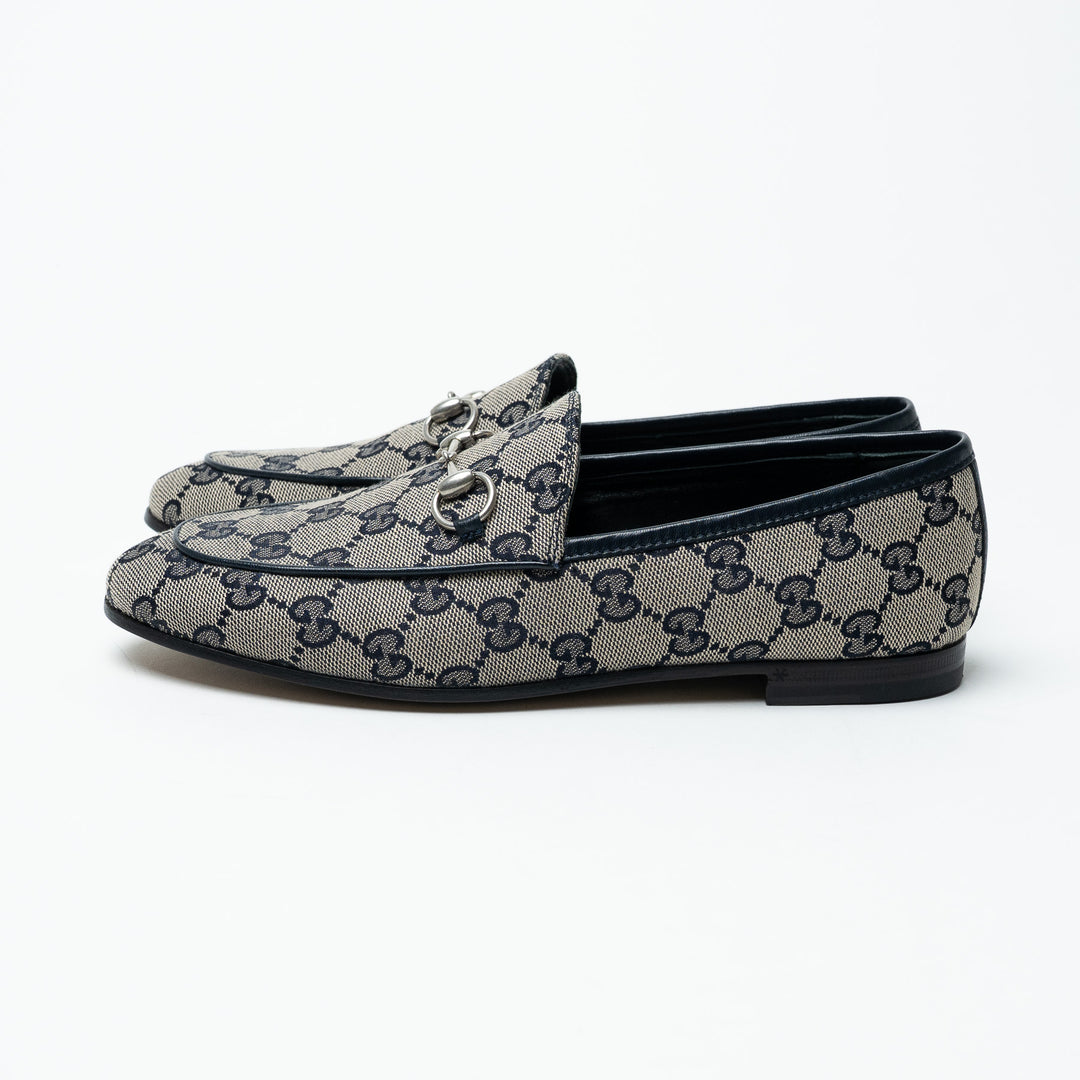 Gucci Navy and Beige GG Supreme Canvas Monogram Horsebit Loafers Size 37