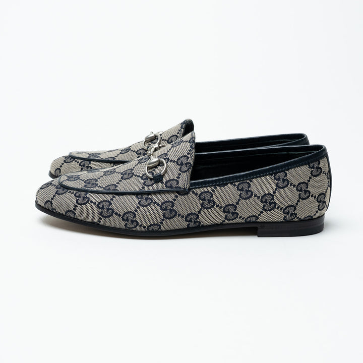 Gucci Navy and Beige GG Supreme Canvas Monogram Horsebit Loafers Size 37