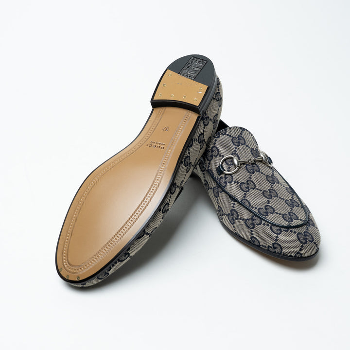 Gucci Navy and Beige GG Supreme Canvas Monogram Horsebit Loafers Size 37