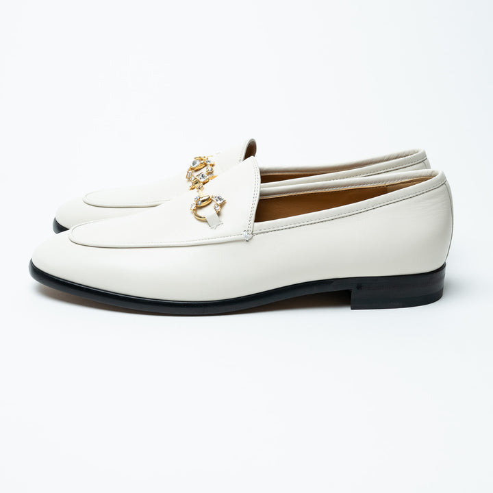 Gucci White Leather Loafers with Gold-Tone Crystal Embellished Horsebit Size 42