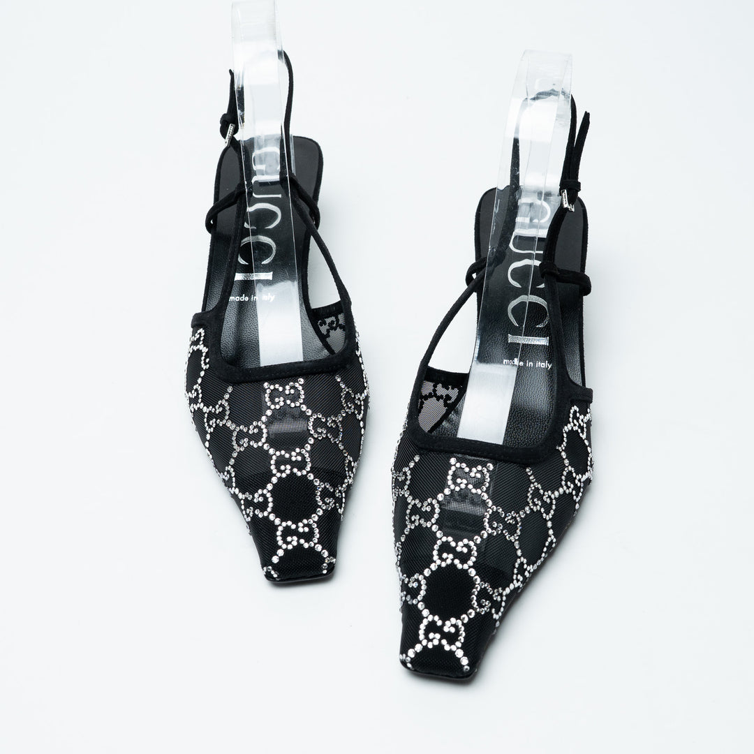 Gucci Black Mesh and Crystal Embellished Monogram Slingbacks Size 40.5