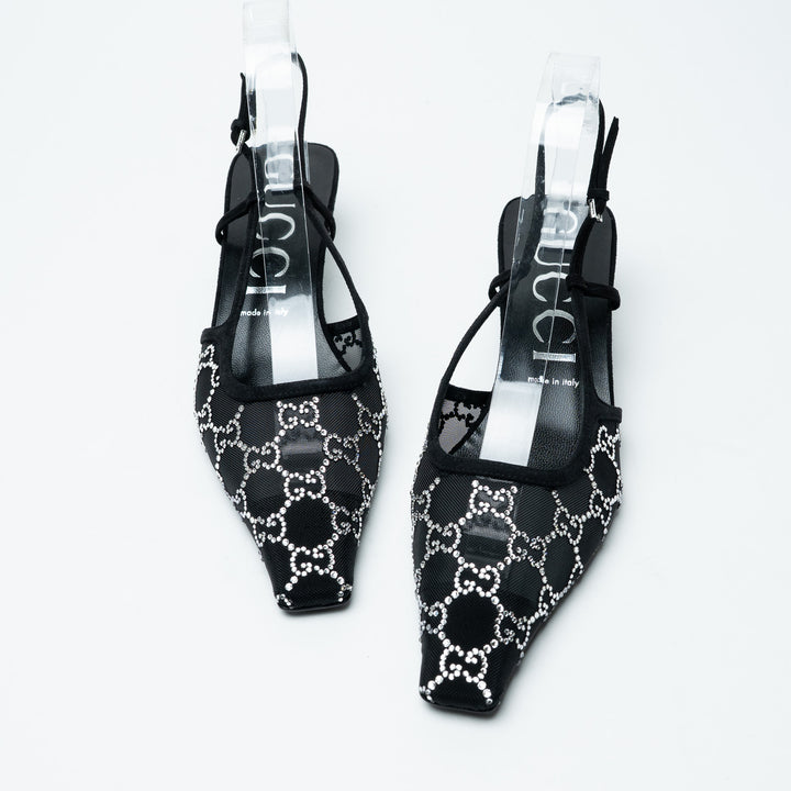 Gucci Black Mesh and Crystal Embellished Monogram Slingbacks Size 40.5