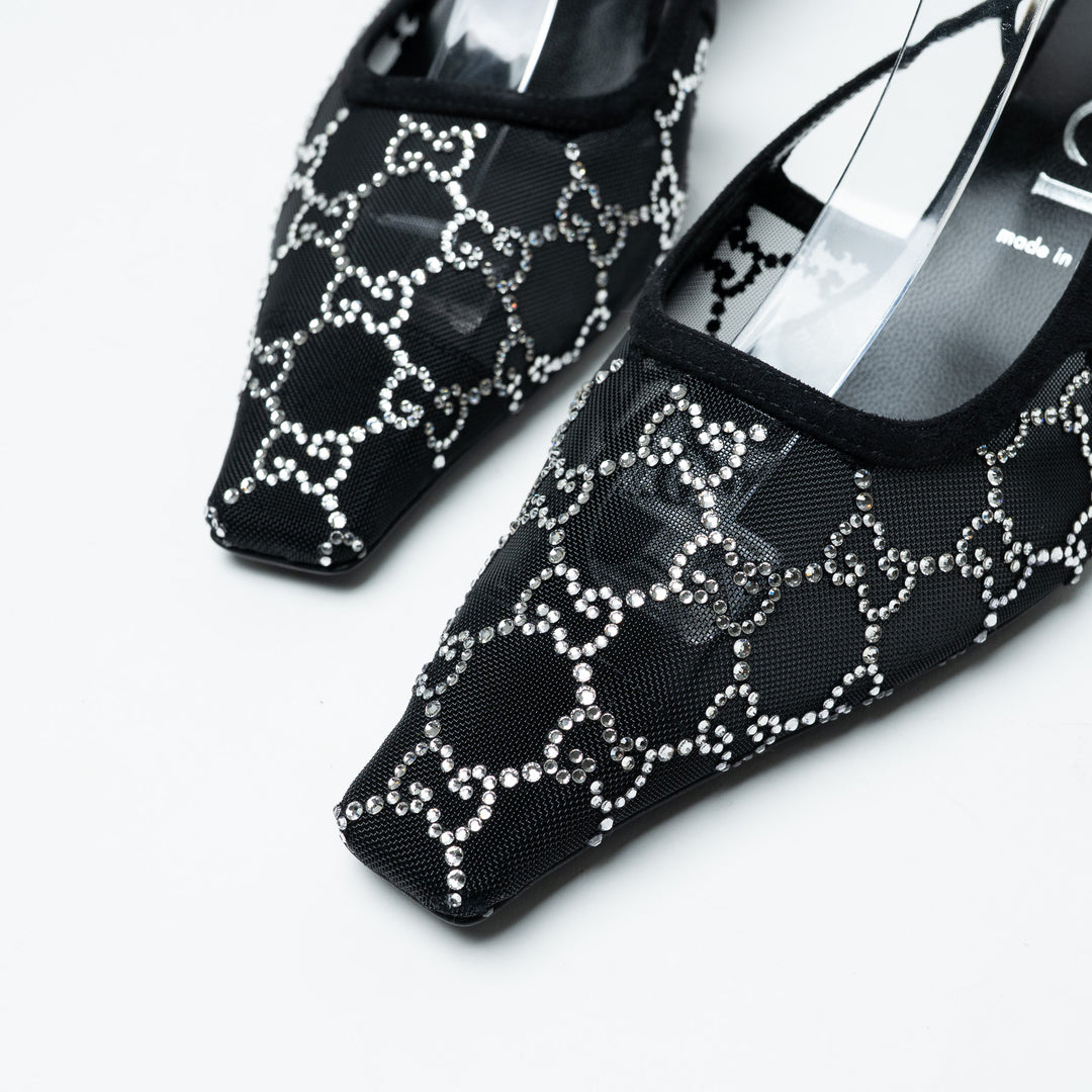 Gucci Black Mesh and Crystal Embellished Monogram Slingbacks Size 40.5