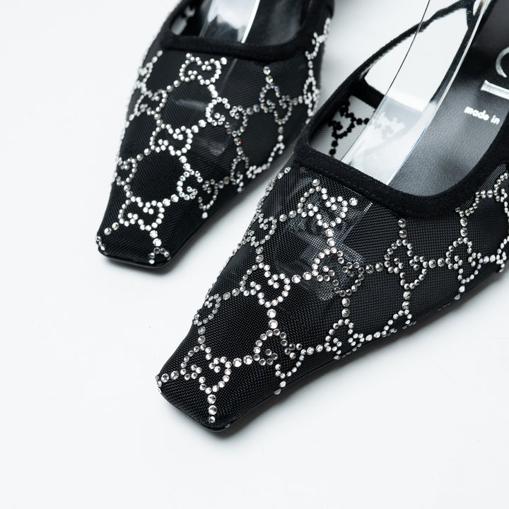 Gucci Black Mesh and Crystal Embellished Monogram Slingbacks Size 40.5