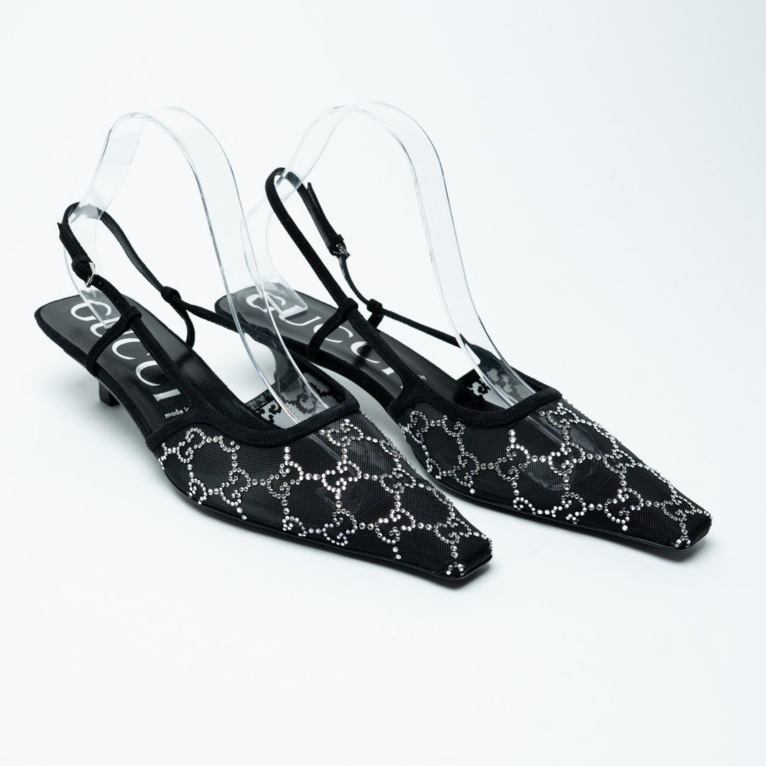 Gucci Black Mesh and Crystal Embellished Monogram Slingbacks Size 40.5
