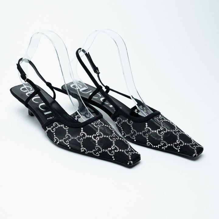 Gucci Black Mesh and Crystal Embellished Monogram Slingbacks Size 40.5