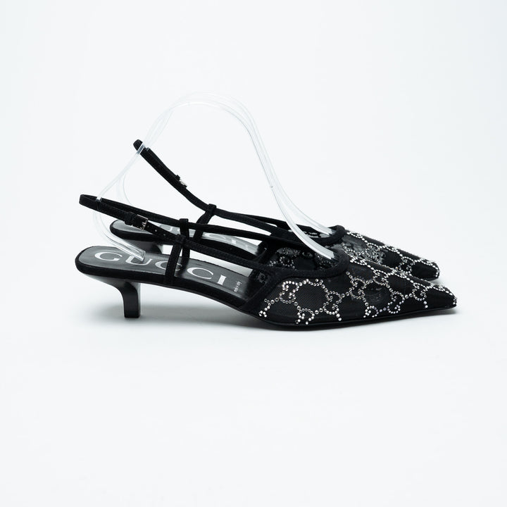 Gucci Black Mesh and Crystal Embellished Monogram Slingbacks Size 40.5