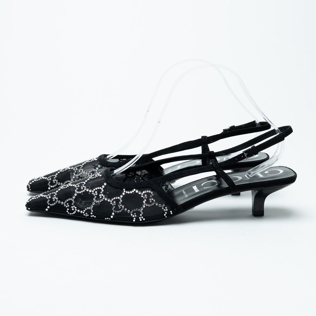 Gucci Black Mesh and Crystal Embellished Monogram Slingbacks Size 40.5