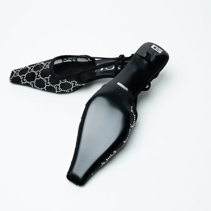 Gucci Black Mesh and Crystal Embellished Monogram Slingbacks Size 40.5
