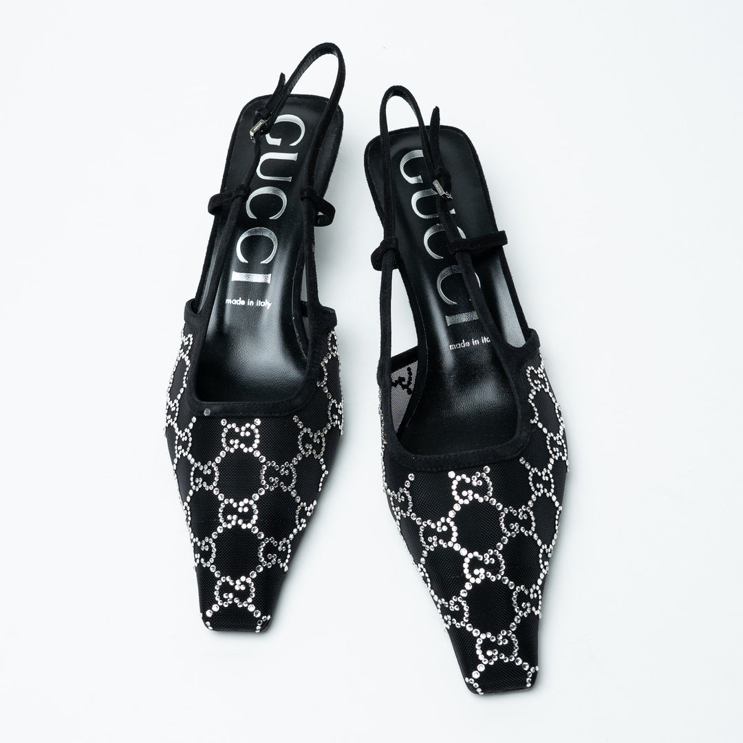 Gucci Black Mesh and Crystal Embellished Monogram Slingbacks Size 40