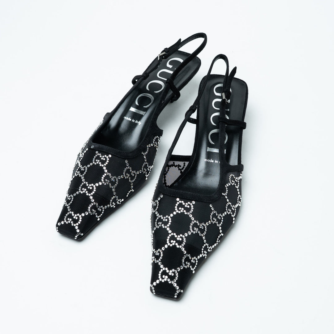 Gucci Black Mesh and Crystal Embellished Monogram Slingbacks Size 40
