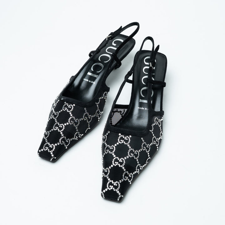 Gucci Black Mesh and Crystal Embellished Monogram Slingbacks Size 40