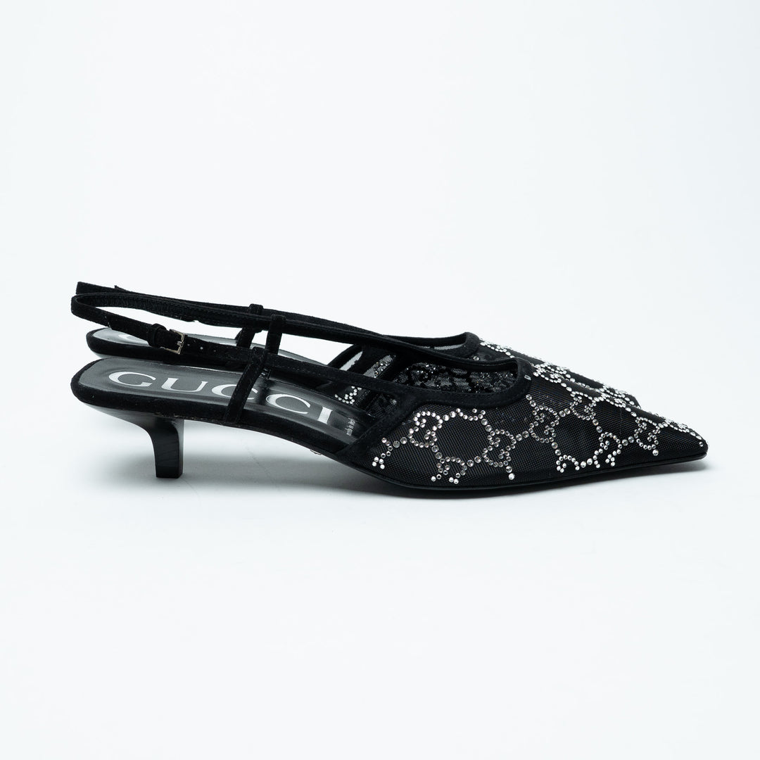 Gucci Black Mesh and Crystal Embellished Monogram Slingbacks Size 40