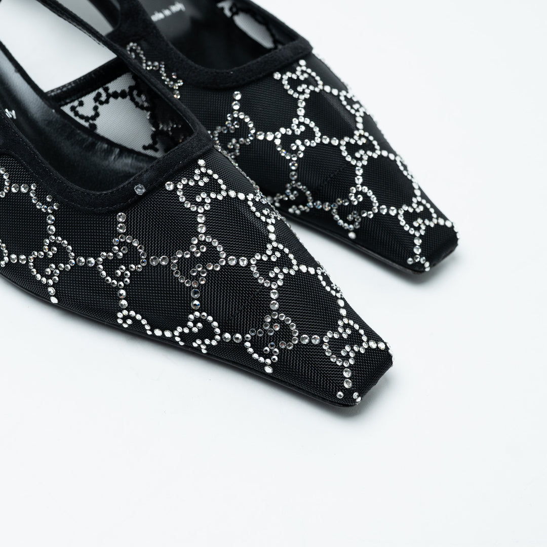 Gucci Black Mesh and Crystal Embellished Monogram Slingbacks Size 40