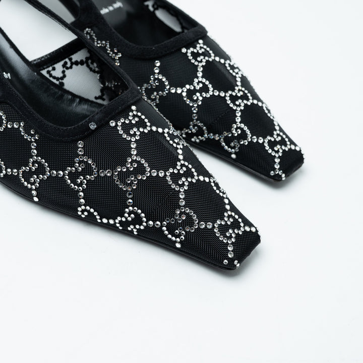 Gucci Black Mesh and Crystal Embellished Monogram Slingbacks Size 40