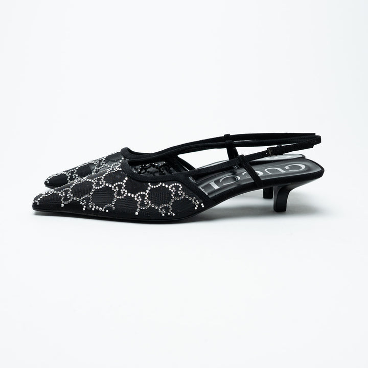 Gucci Black Mesh and Crystal Embellished Monogram Slingbacks Size 40