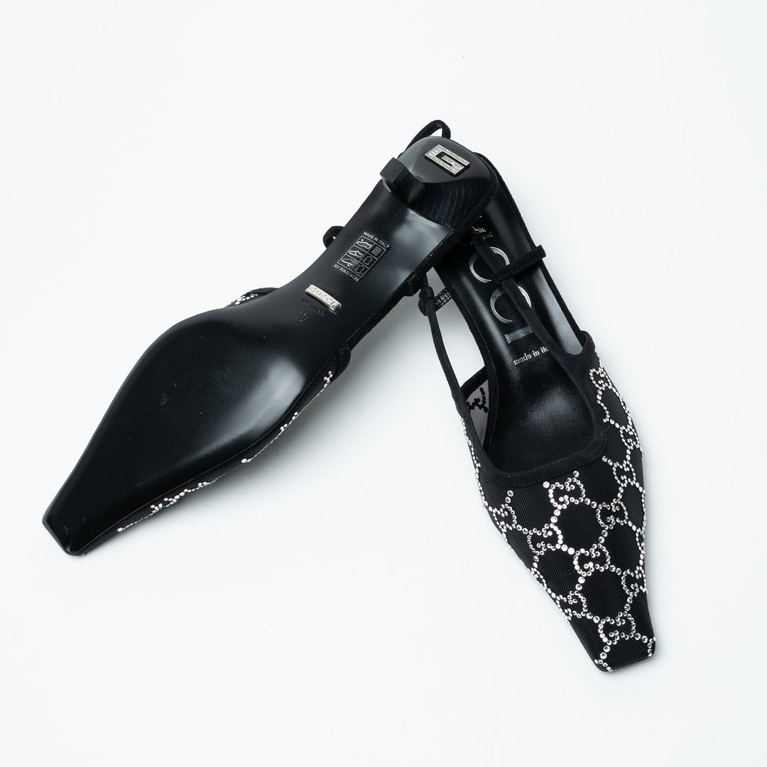Gucci Black Mesh and Crystal Embellished Monogram Slingbacks Size 40