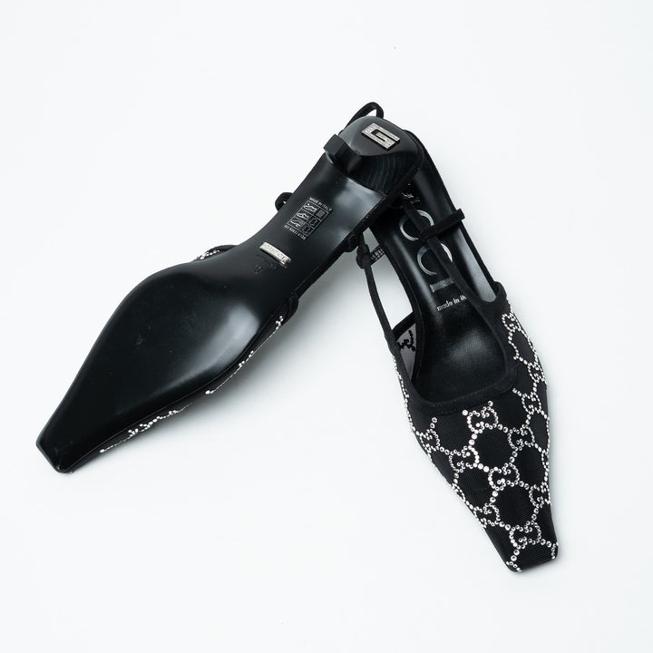 Gucci Black Mesh and Crystal Embellished Monogram Slingbacks Size 40