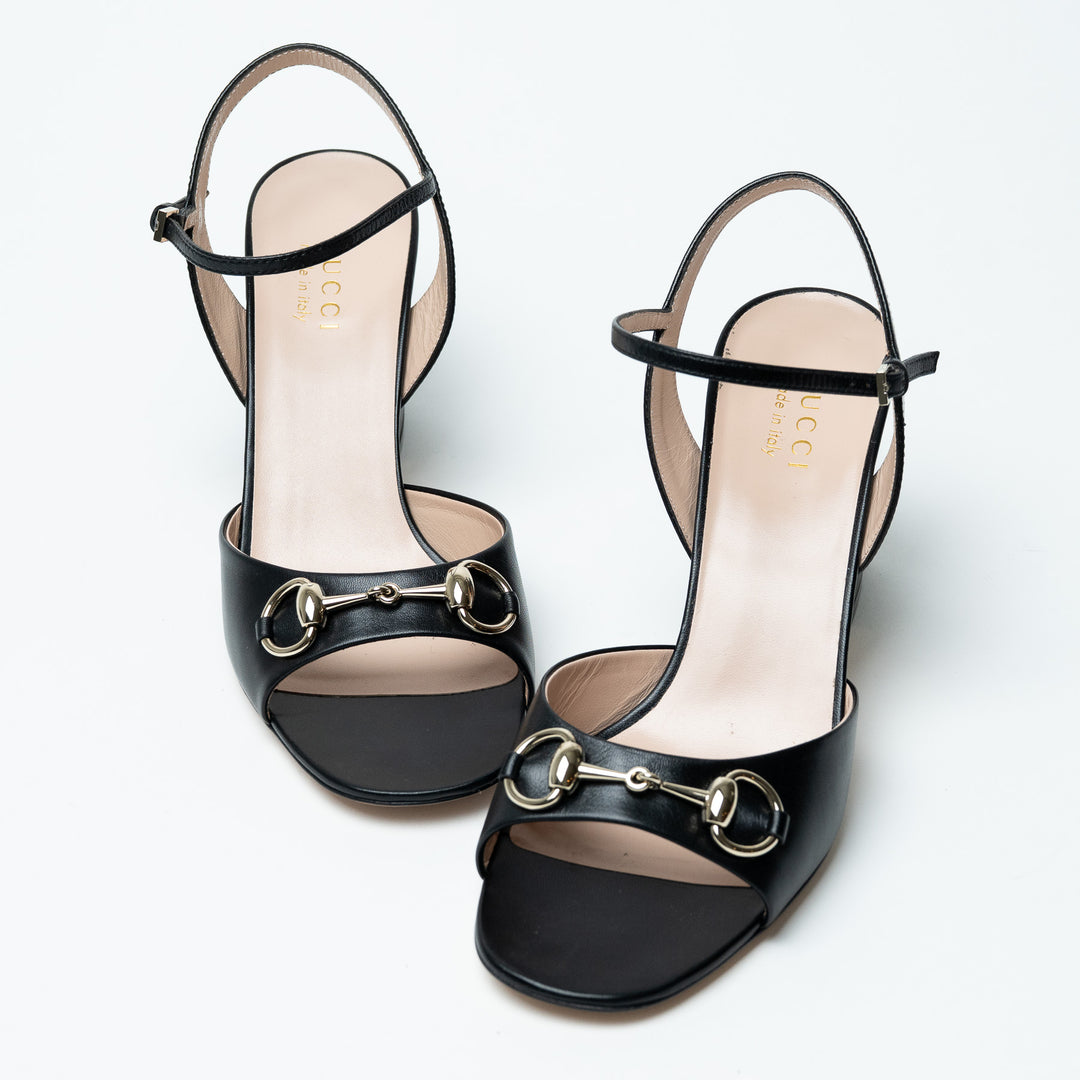 Gucci Black Leather Block Heel Sandals with Horsebit Size 39
