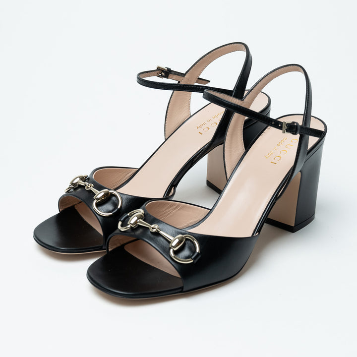 Gucci Black Leather Block Heel Sandals with Horsebit Size 39