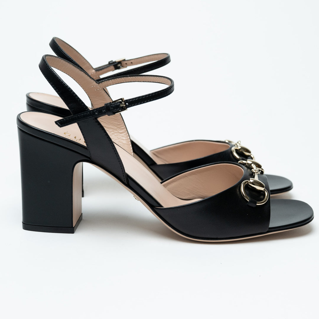 Gucci Black Leather Block Heel Sandals with Horsebit Size 39