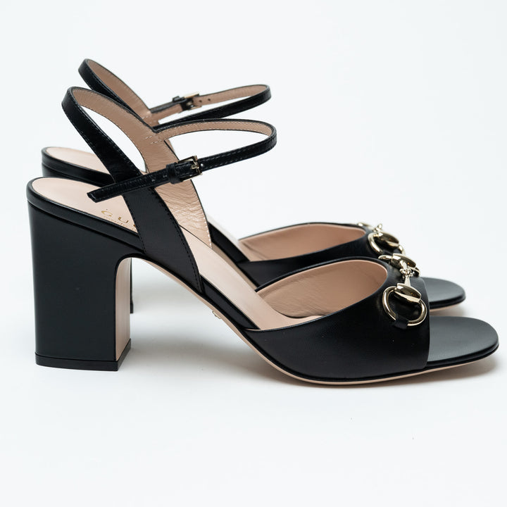 Gucci Black Leather Block Heel Sandals with Horsebit Size 39
