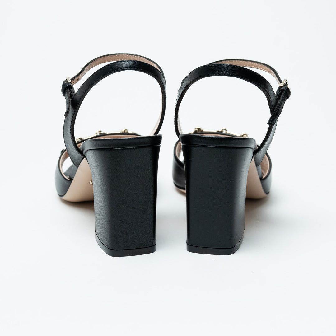 Gucci Black Leather Block Heel Sandals with Horsebit Size 39
