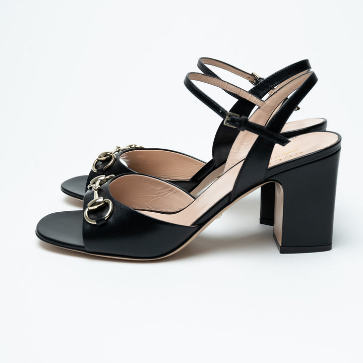 Gucci Black Leather Block Heel Sandals with Horsebit Size 39