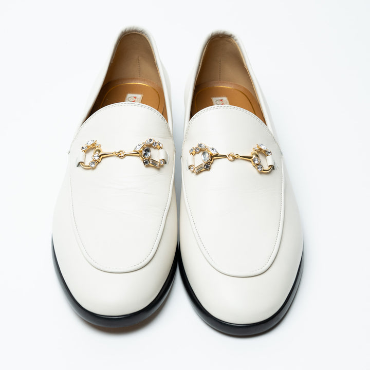 Gucci White Leather Loafers with Gold-Tone Crystal Embellished Horsebit Size 42