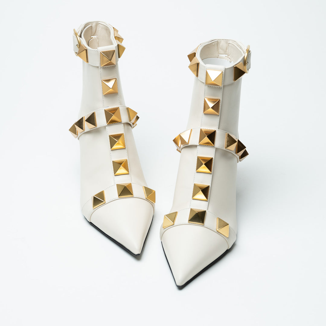 Valentino White Kitten Heel Leather Booties with Oversized Rockstuds Size 38