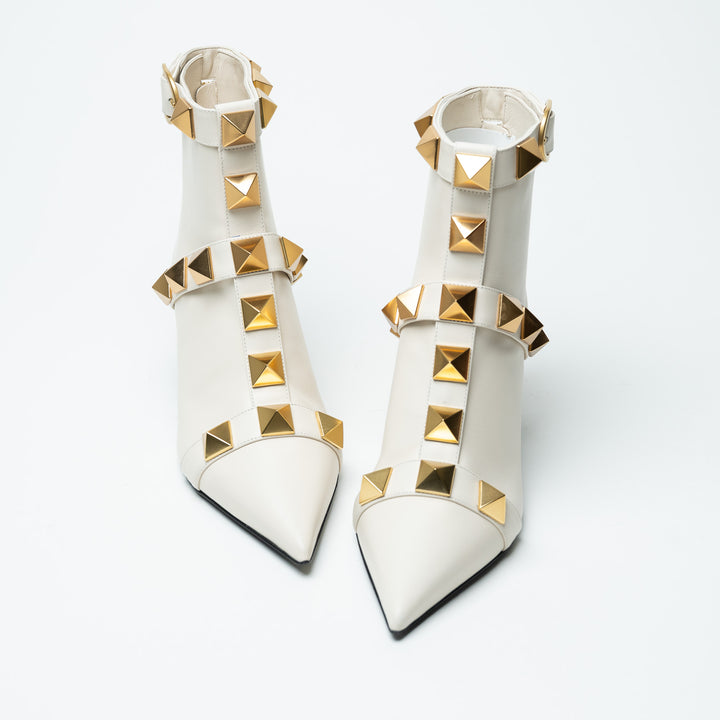 Valentino White Kitten Heel Leather Booties with Oversized Rockstuds Size 38