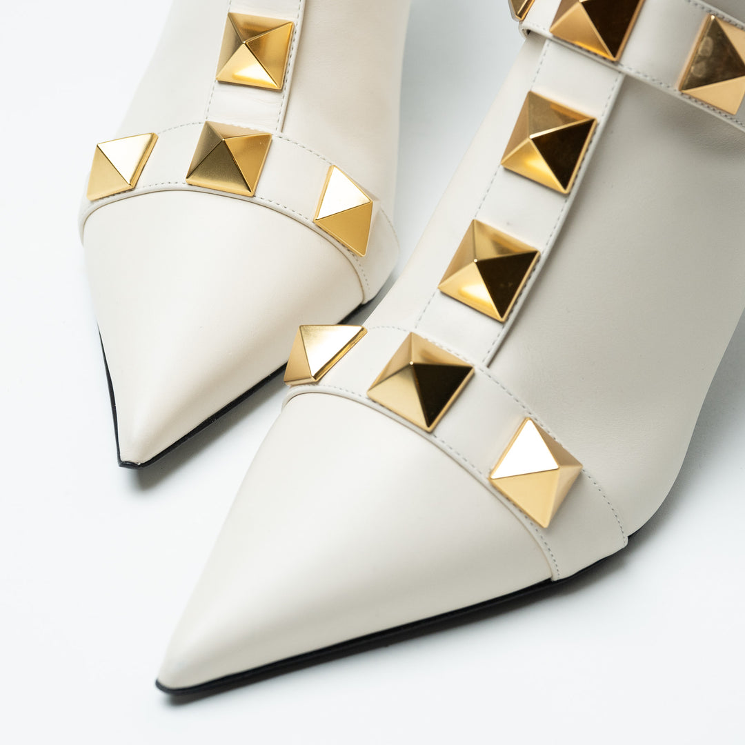 Valentino White Kitten Heel Leather Booties with Oversized Rockstuds Size 38